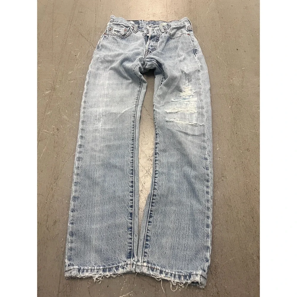 Levi's 501 Straight Jeans Mens 27W Blue Denim Light Wash Button Fly Distressed - Picture 1 of 8